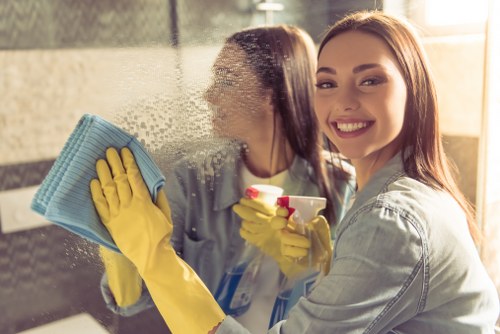 Professional cleaner working carefully around home furnishings