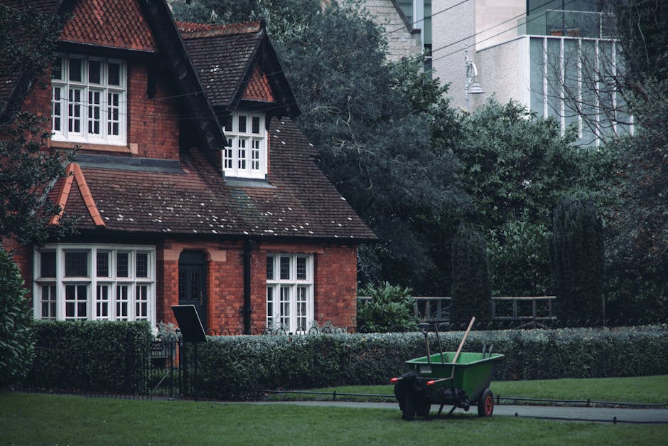 A residential garden scene featuring a lush, well-maintained lawn bordered by trimmed hedges and a variety of trees and shrubs. In the foreground, there is a green wheelbarrow filled with gardening tools, including a rake and a shovel, placed on the grass. The background shows a traditional red-brick house with white-framed windows, a dark tiled roof, and a black front door, partially obscured by greenery. The area is illuminated by natural daylight, creating a clean and tidy appearance that suggests recent or ongoing outdoor maintenance or cleaning by Deep Cleaning Highbury. No debris or dirt is visible, emphasizing the overall cleanliness and care of the garden space.